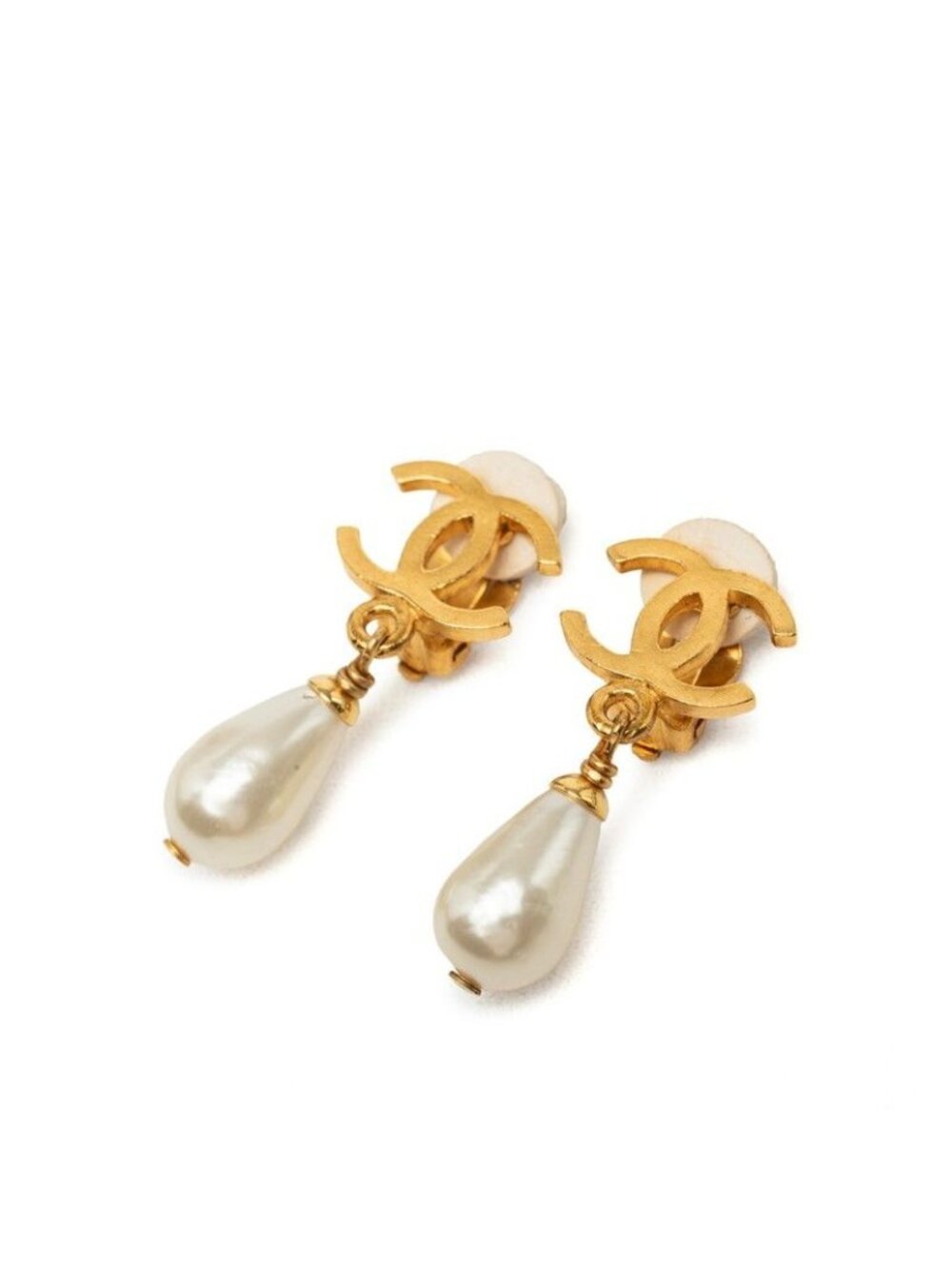 Chanel CC Logo Vintage Earrings Gold Faux Pearl Plated